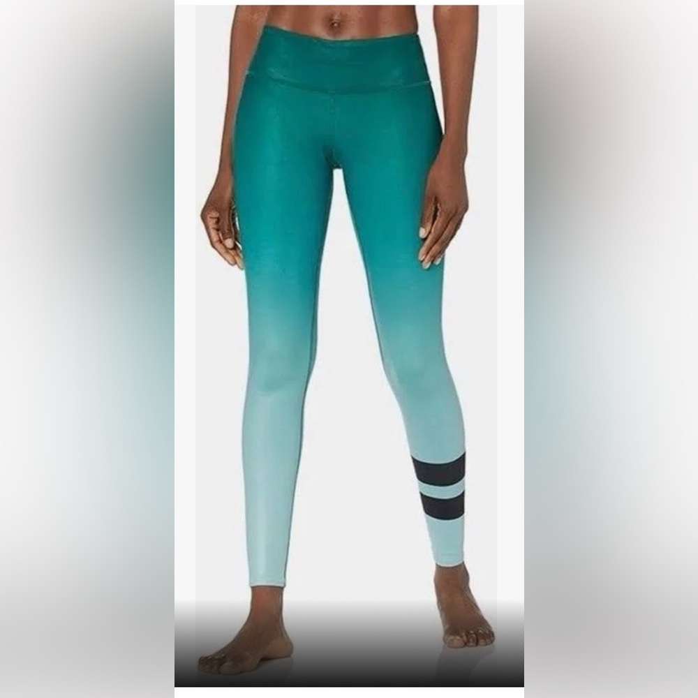 ALO Yoga Teal to Light Aqua Ombre Leggings with Black Stripes